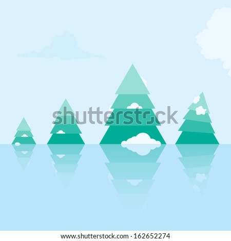 Winter forest landscape with fir trees and frozen lake vector illustration