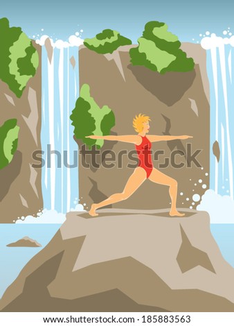 Young beautiful woman practicing warrior yoga asana on summer waterfall landscape vector illustration