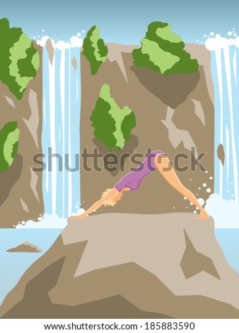 Young beautiful woman practicing yoga asana on summer waterfall landscape vector illustration