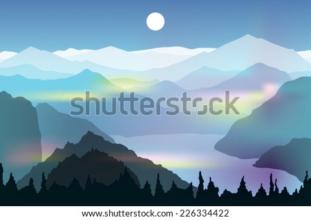 Mountain landscape with a forest, lake and the Sun vector illustration