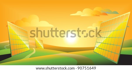 Solar panels summer sunset landscape vector illustration