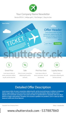 Win Free Airplane Tickets E-mail Newsletter Subscription Mockup Template Layout Vector Illustration
