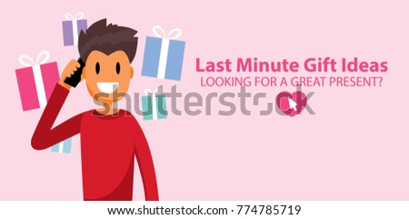 Valentine??s Day Gift Ideas Last Moment Happy Man Confident Guy Satisfied Customer Buyer Shopper Character Vector Art Design Illustration.