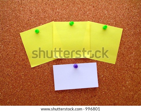 WRITE YOUR OWN MESSAGES! - Three blank post-it\'s held in by three green thumbtacks and a blank business card held in by a purple thumbtack. Lovely corkboard background.