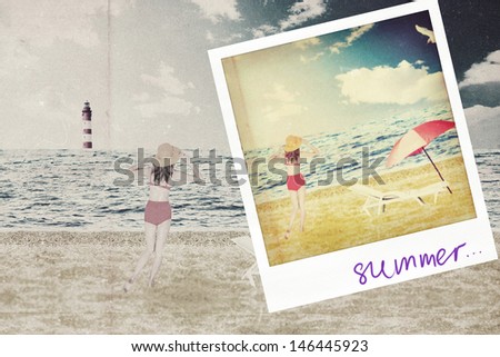 beautiful woman on beach near the sea, vintage