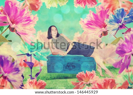 beautiful woman in fairy garden in flowers, vintage