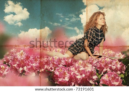 beauty young woman lie in pink flowers with book, vintage, retro pattern