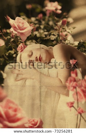 beauty young woman in pink roses, art collage