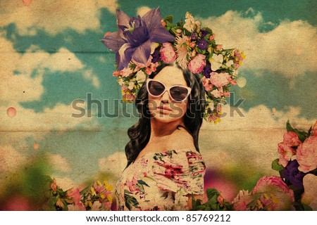 art collage. beautiful young woman with flowers on the head, vintage texture