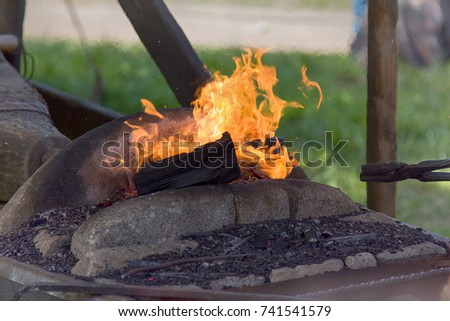 Similar – Image, Stock Photo Blacksmith forging horseshoe near stable