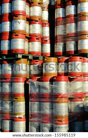 Large stack of colorful aluminum beer kegs outside one of the numerous microbrew beer breweries in Oregon.
