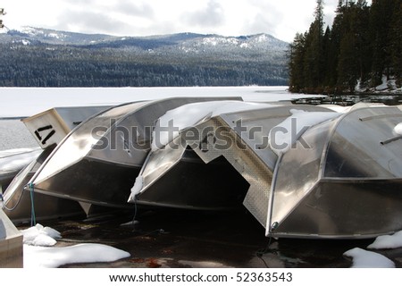 Aluminum fishing boats waiting for the spring thaw, Diamond Lake Resort area near Roseburg Oregon along the North Umpqua River.