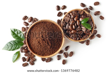Bowl of ground coffee and beans isolated on white background, top view Foto d'archivio © 
