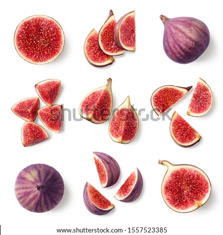 Set of fresh whole and sliced figs isolated on white background, top view Foto stock © 