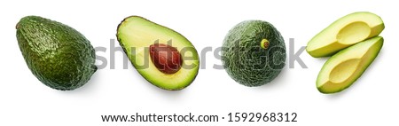 Fresh whole, half and sliced avocado isolated on white background, top view