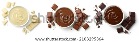 Set of various melted chocolate bowls (dark, milk and white) and pieces of broken chocolate bars isolated on white background, top view Imagine de stoc © 