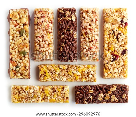 Various granola bars isolated on white background