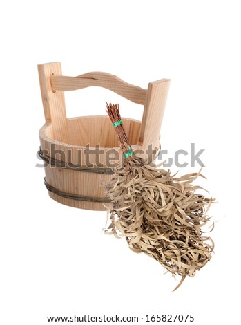 Wooden bucket and broom and eucalyptus for use in the Russian bath