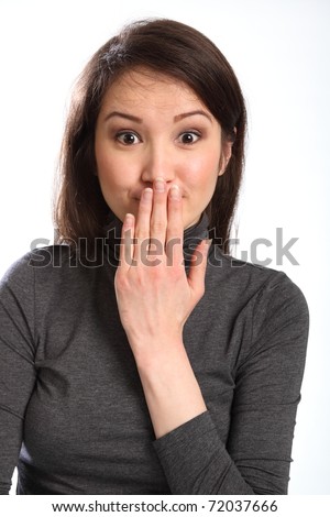 Oops Hand Signal By Pretty Young Woman With Hand Over Mouth Stock Photo ...