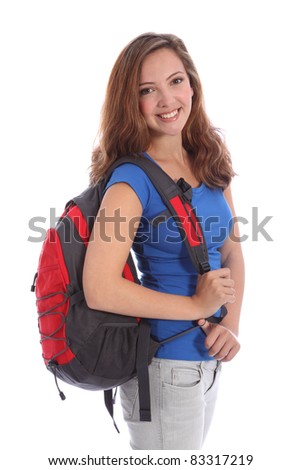 Pretty young teenager school girl 16, with long brown hair wearing blue t shirt and red school backpack with big happy smile. Studio shot against white background.