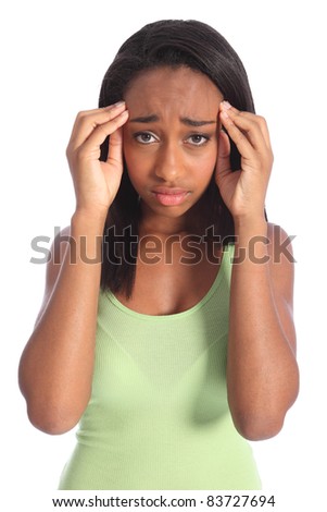 Painful headache for young african american girl, holding her hands to temples with hurt showing on her face. Shot against white background.