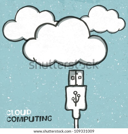 Cloud computing concept illustration, usb cabel and clouds icons. Vector, EPS10