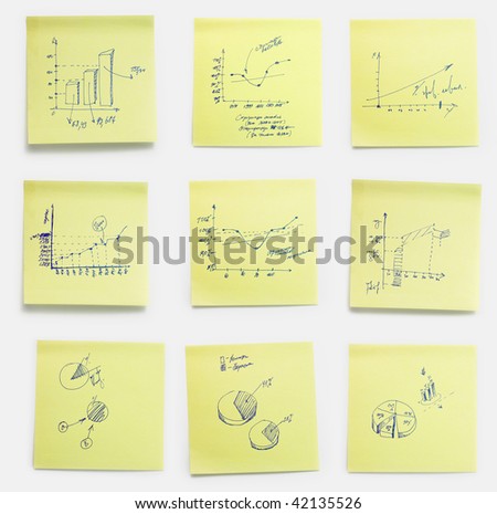A set of office/work related yellow paper post-it notes with abstract working diagrams, work-plans, schedules, charts. Isolated on white background, clipping path included.