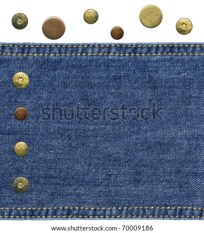 Highly detailed closeup - a piece of worn blue denim with sewed sides and set of various jeans\' metal rivets and buttons, isolated on white background