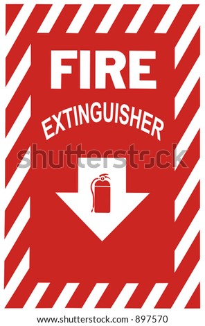 Sign indicating a fire extinguisher is below.