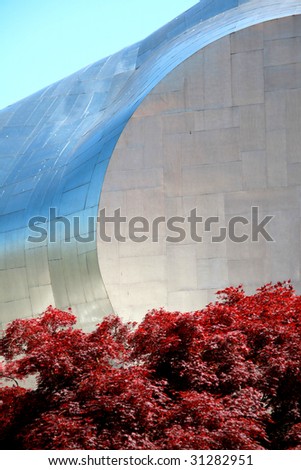 Metallic panels of the experience music project building located in Seattle, Washington.
