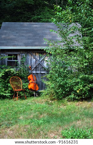 Cello standing against a practice room shed.