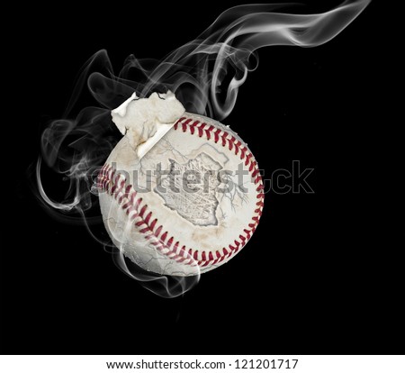 Baseball with colored smoke trail and a piece of the cover flying off.  On black. Various team colors used as smoke available in portfolio.
