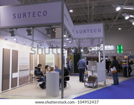 MOSCOW- NOVEMBER 25:Stand German company SURTECO supplying technology for surface finishing films dekorativnyim at the international exhibition Mebel \'2011 on November 25, 2011 in Moscow