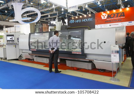 MOSCOW-JUNE 15:The stand Russian company YTA to supply equipment for cutting and processing glass from Europe and China at the International Exhibition MIR STEKLA\'2012 on June 15, 2012 in Moscow