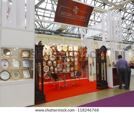 MOSCOW-SEPTEMBER 25: The stand Decor Concept of the Russian company to supply floor, wall and table clocks at the International Exhibition CONSUMEXPO on September 25, 2012 in Moscow, Russia.