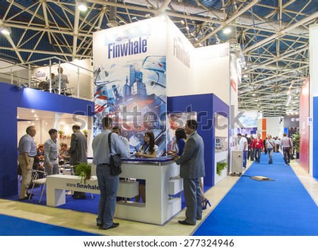 MOSCOW-AUGUST 26, 2013: Booth auto parts brand Finwhale Swiss company Grunntech Holding AG at the International Exhibition Automechanika