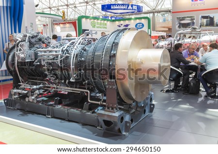 MOSCOW-JUNE 24, 2015: Marine gas turbine engine of the Russian Corporation at the International Trade Fair MIOGE