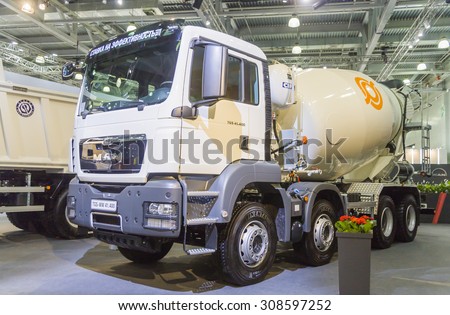 MOSCOW, SEPTEMBER 12, 2013: German company MAN vehicle for transporting of liquid concrete at the International Trade Fair COMTRANS