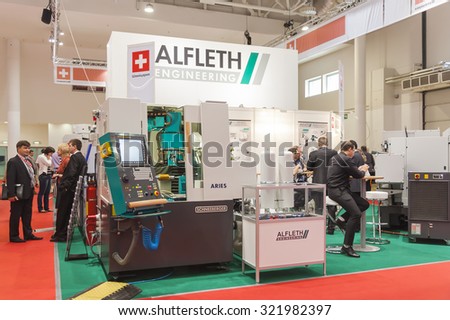 MOSCOW-MAY 30, 2013: Metalworking machines Swiss company ALFLETH at the International Trade Fair METALLOOBRABOTKA