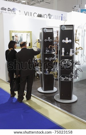 MOSCOW-APRIL 4: Customers visiting the exhibits of Europe\'s largest trade show MosBuild 2011, which was opened by Prince Philippe of Belgium on April 4, 2011 in Moscow.