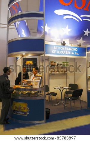 MOSCOW - SEPTEMBER 13: The booth from American company producing pistachios and other products at the International Food & Drinks Exhibition on September 13, 2011 in Moscow, Russia.