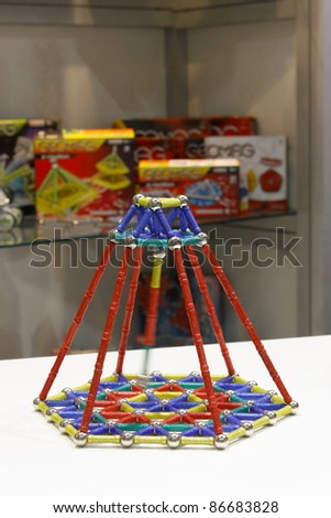 MOSCOW-SEPT. 29: pendulum built from parts of Swiss company for the production of magnetic games at the International Exhibition World of Childhood  September 29, 2011 in Moscow, Russia