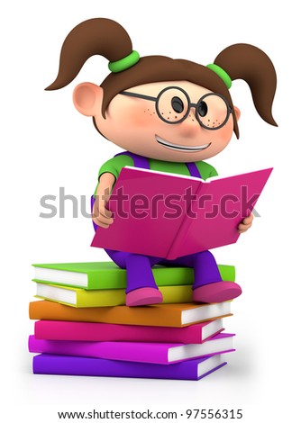 Cute Little Cartoon Girl Sitting On Books Reading - High Quality 3d ...