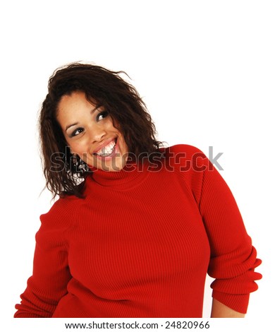 An attractive full figured model in a red sweater.