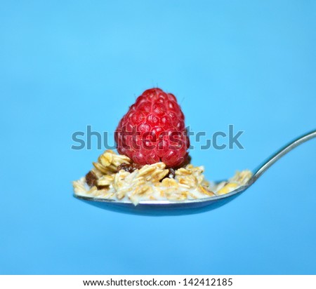 Spoon with muesli and one juicy raspberry closeup shot