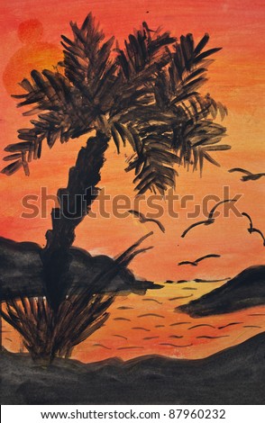 Tropical island with palm tress at sunset - painting