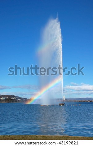 The Captain James Cook Memorial water jet in Canberra, Australia with nice colorful rainbow