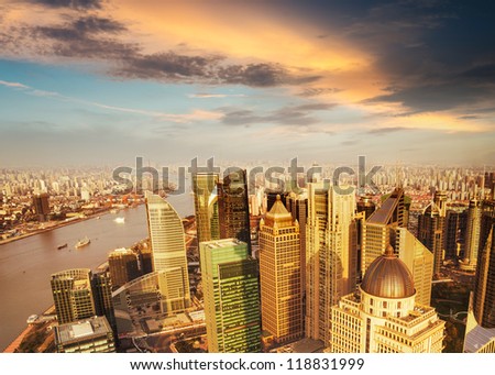 Pudong skyline at sunset, Shanghai, China