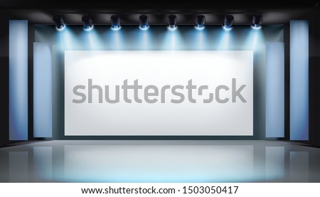 Large projection screen on stage. Art gallery. Free space for advertising. Vector illustration.