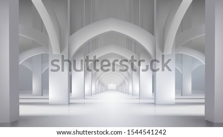 Arcades in the old castle. Long hall in historic interior. Vector illustration.